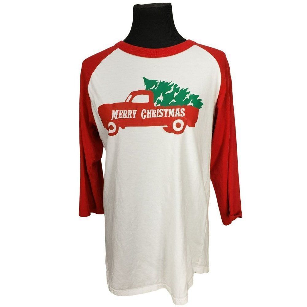Sport Tek Red Truck Christmas Tree Merry Christmas Raglan Size Medium Tee shirt